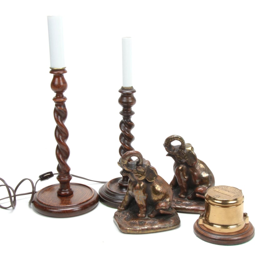 Barley Twist Candlestick Lamps, Elephant Bookends and Brass Water Meter Box