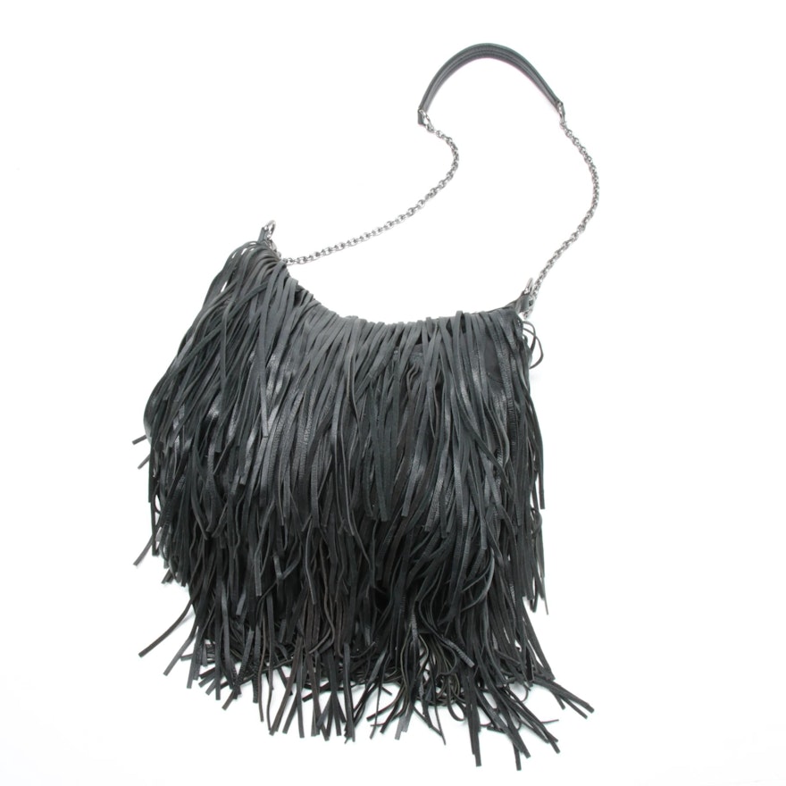 Lost & Found Fringed Black Leather Bohemian Hobo Shoulder Bag with Chain Strap