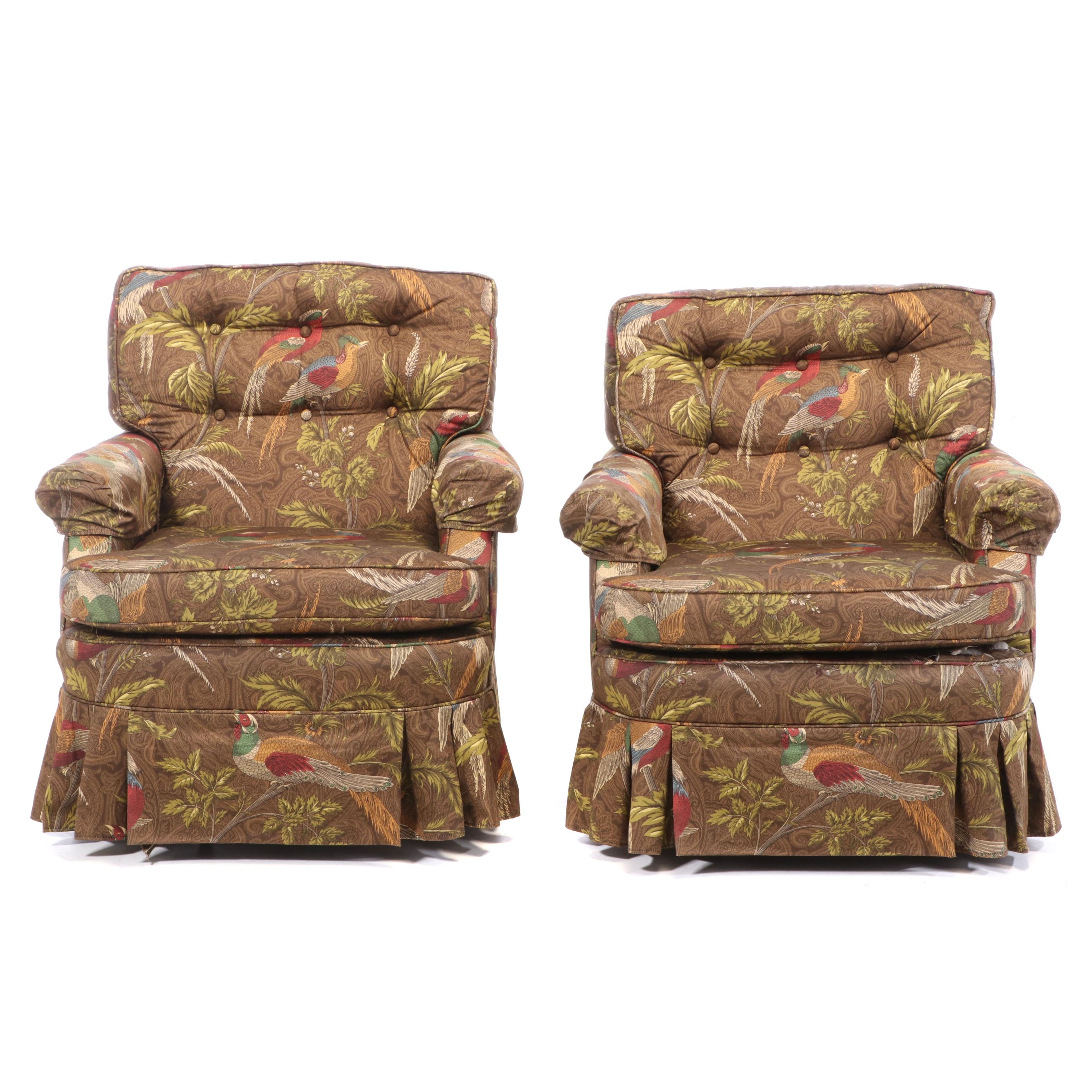 Upholstered Skirted Swivel Rocking Club Chairs, Late 20th Century
