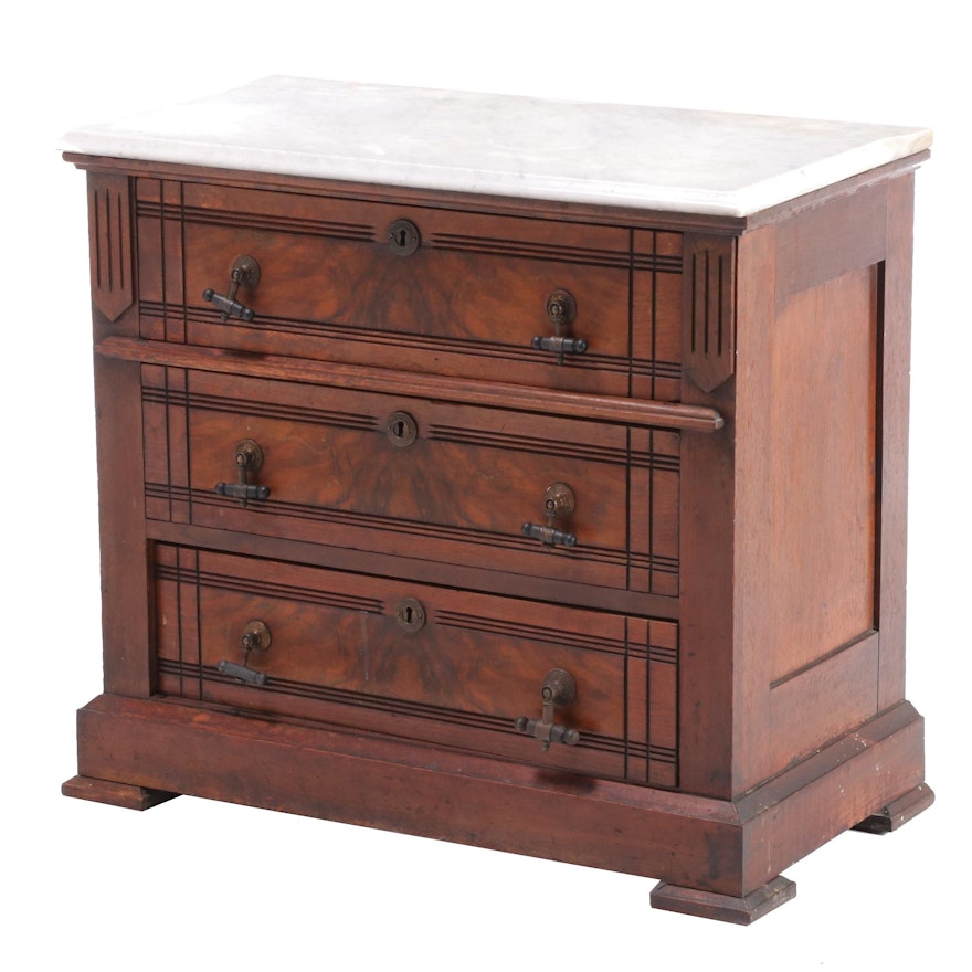 Victorian Eastlake Marble Top Walnut Chest of Drawers, Mid to Late 19th Century