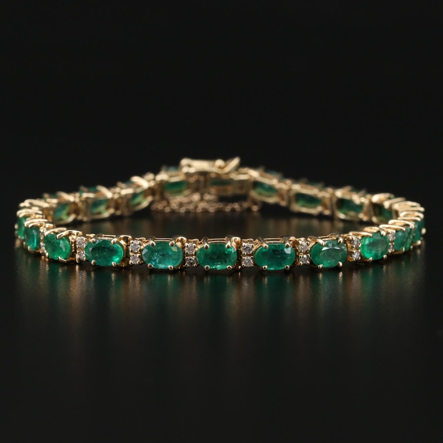 14K Yellow Gold Emerald and Diamond Line Bracelet