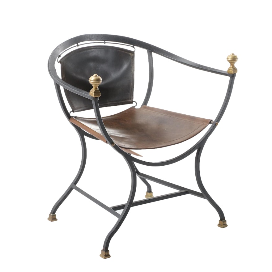 Italian Wrought Iron, Brass and Leather Savonarola Chair, Mid-20th Century