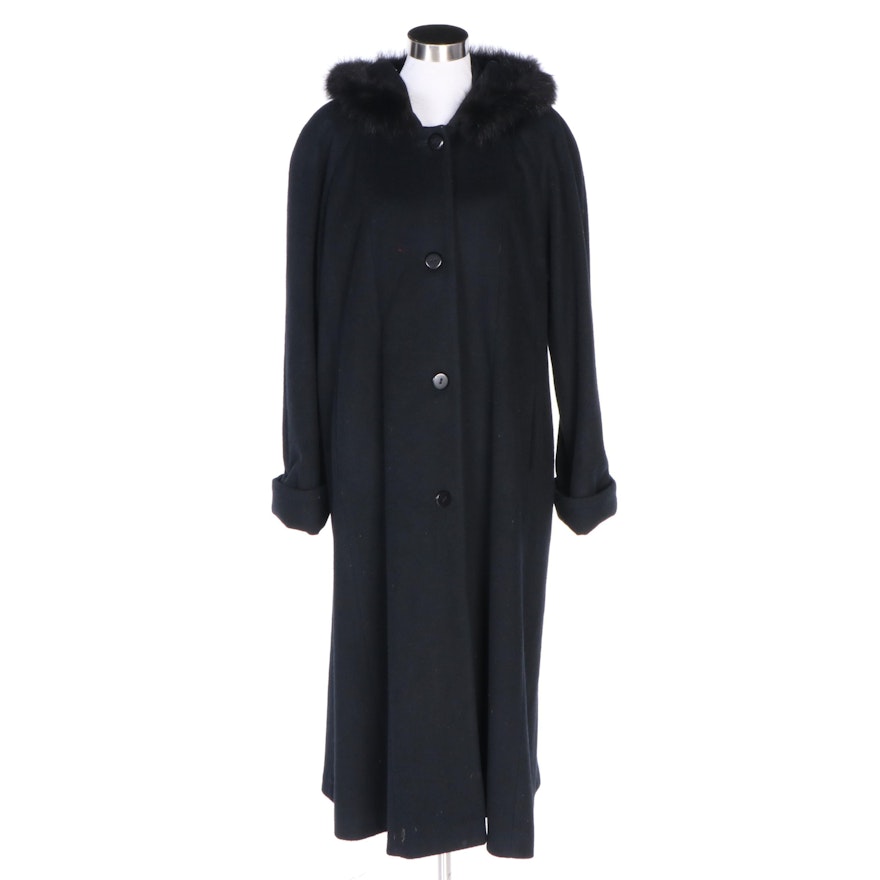 Beau Brem Black Wool Hooded Coat with Fox Fur Trim