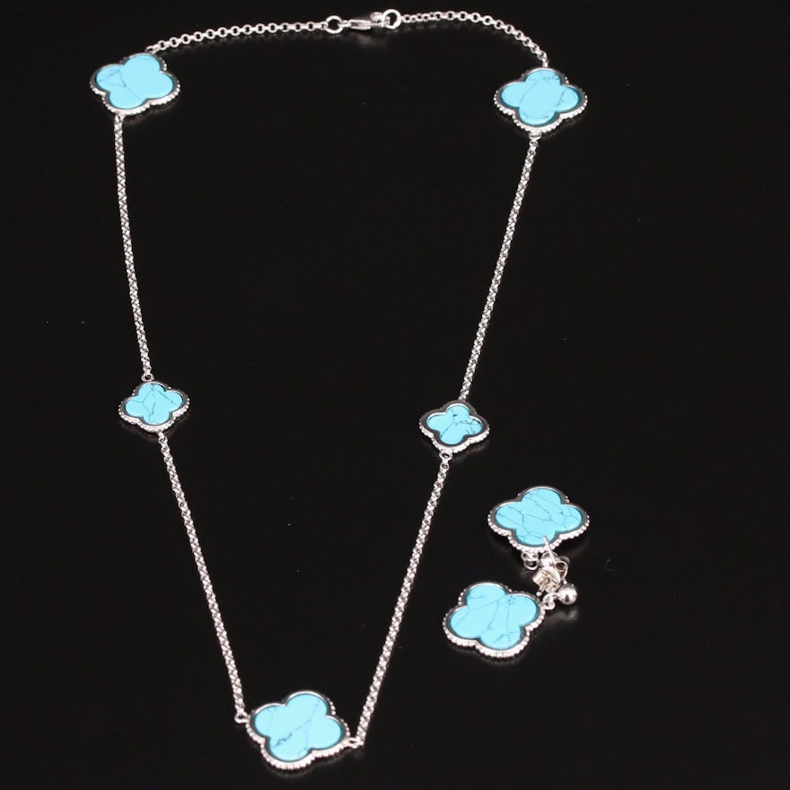 Sterling Silver Turquoise Quartrefoil Station Necklace and Earrings Set