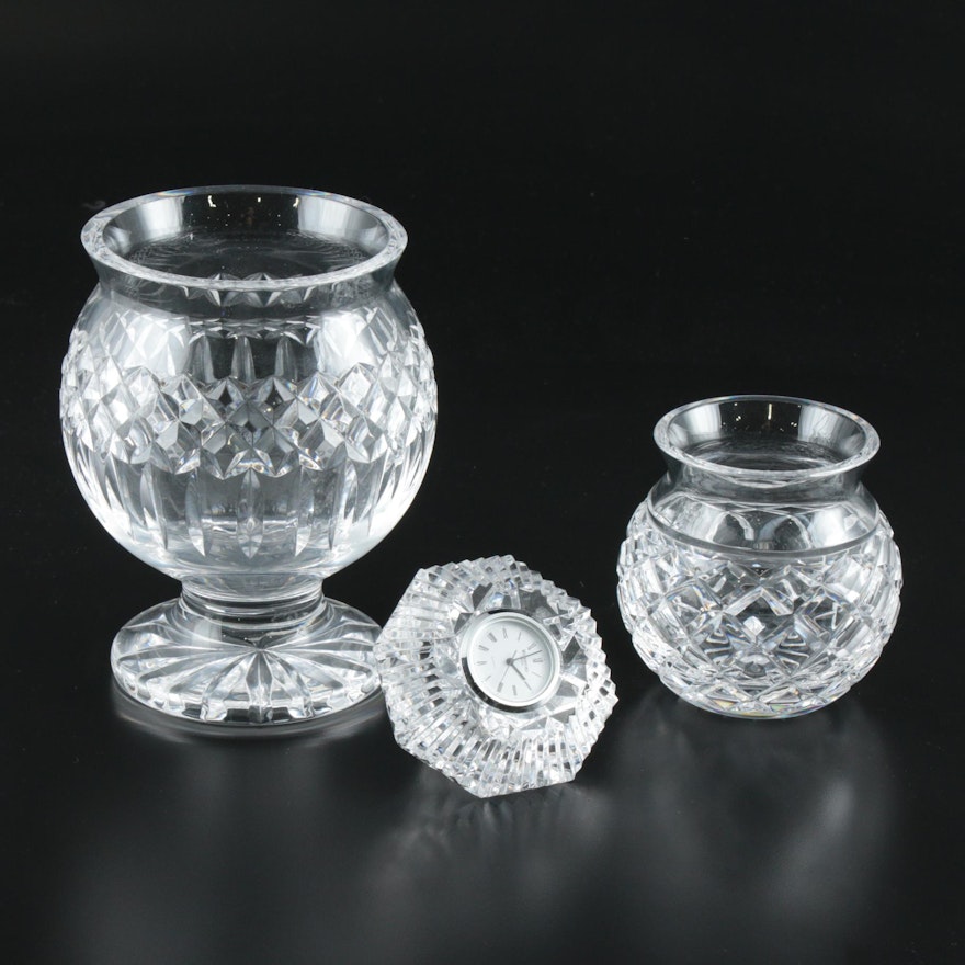 Waterford Crystal "Lismore" Diamond Clock and "Giftware" Vases