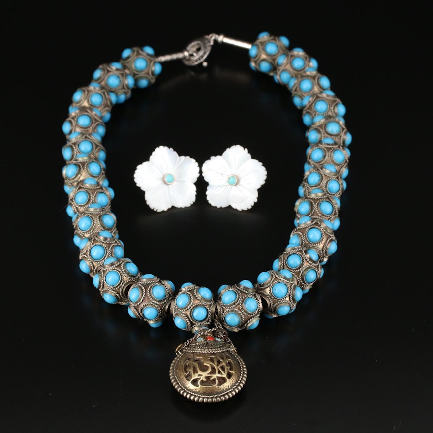 Mother of Pearl Earrings and Imitation Turquoise, Imitation Coral Necklace