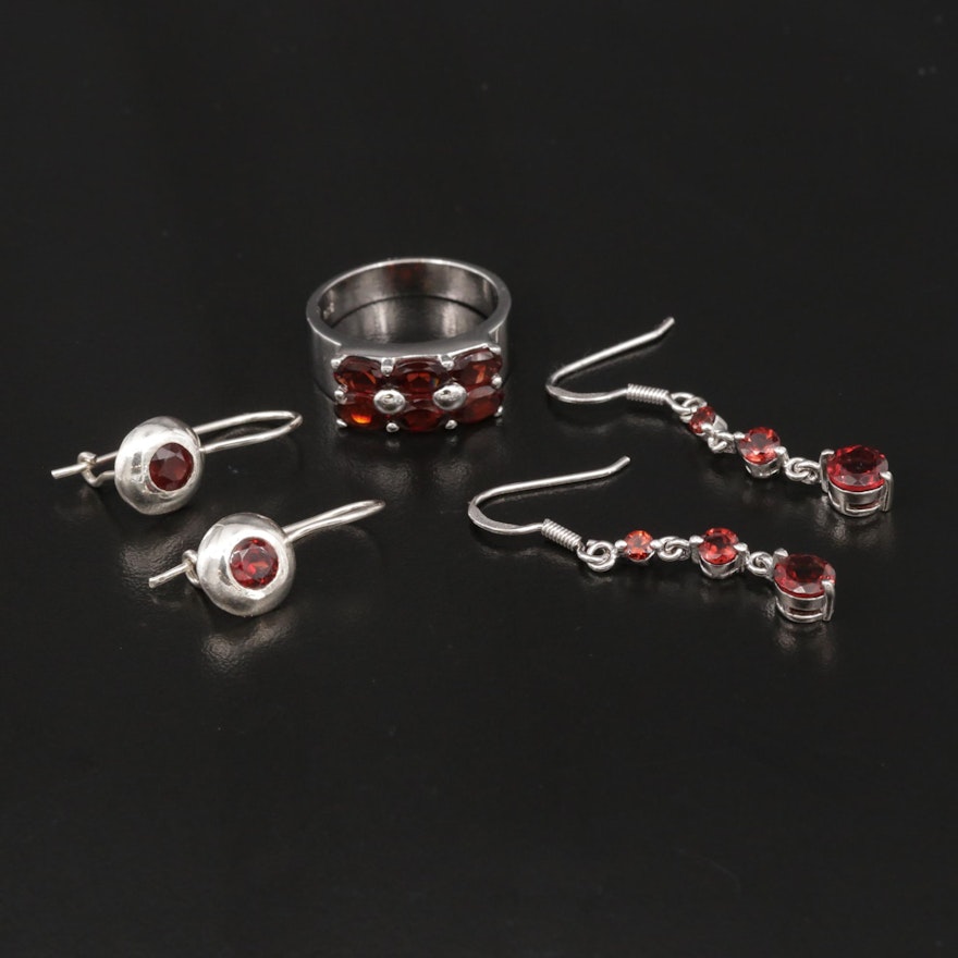 Sterling Silver Garnet Ring and Earrings