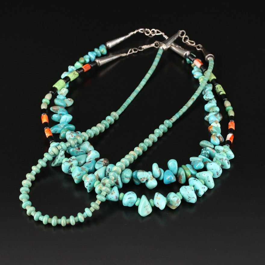 Southwestern Style Beaded Turquoise and Gemstone Necklaces With Sterling Clasps