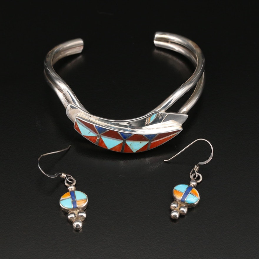 Southwestern Style Sterling Earrings and Cuff Set Featuring Gemstone Inlay