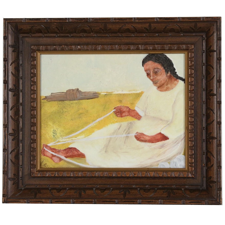Naive Style Oil Painting of Woman with Yarn