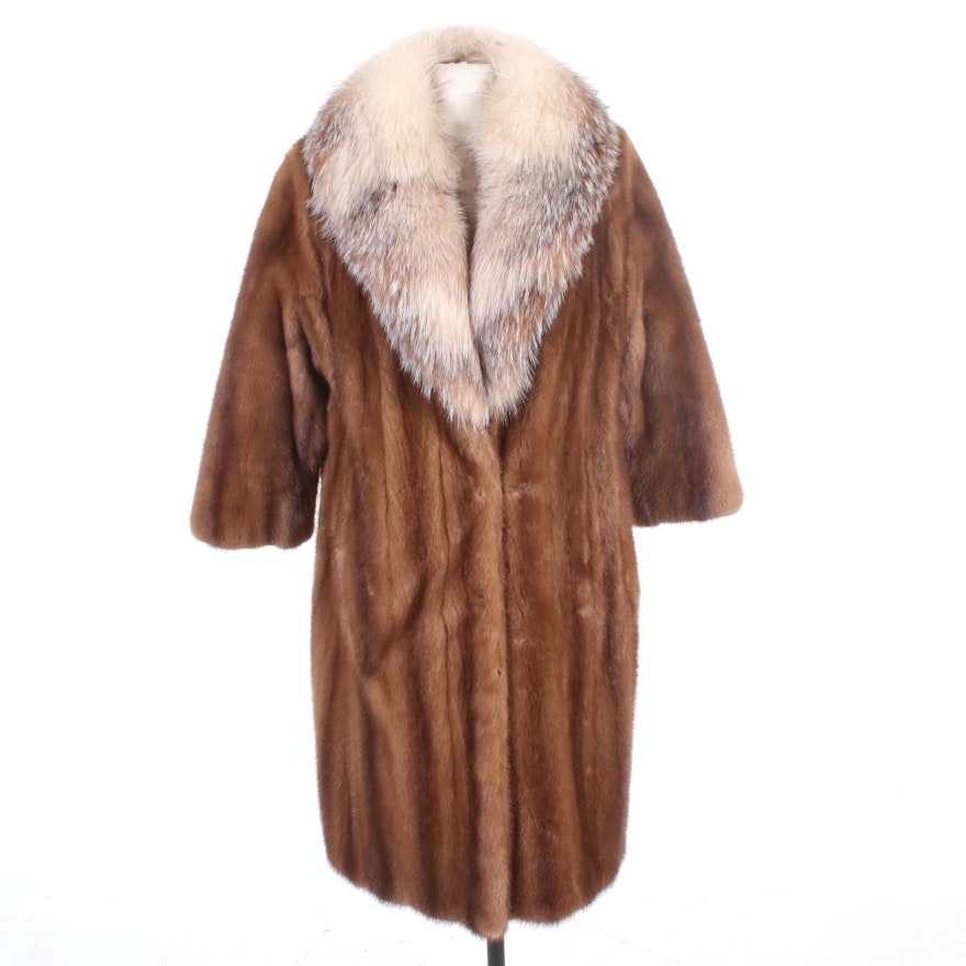 Mink Fur Coat with Crystal Fox Fur Collar By Robert Lord Fourrures, Vintage
