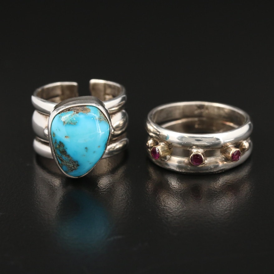 Sterling Silver Rings Featuring Turquoise, Ruby and 14K Gold Accent
