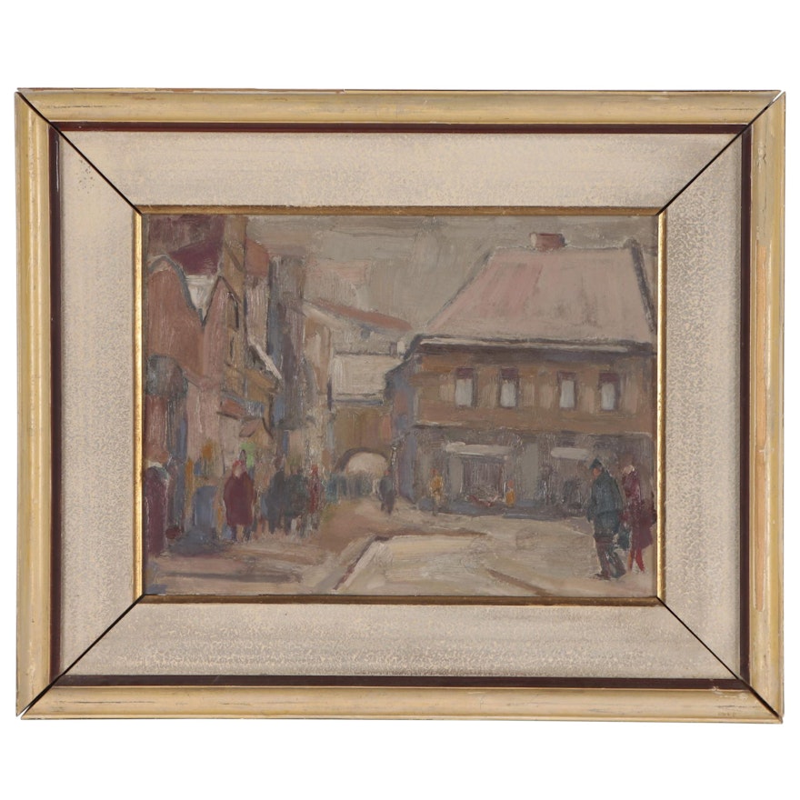 Julius Bukovinsky Winter Street Scene Oil Painting, 1964