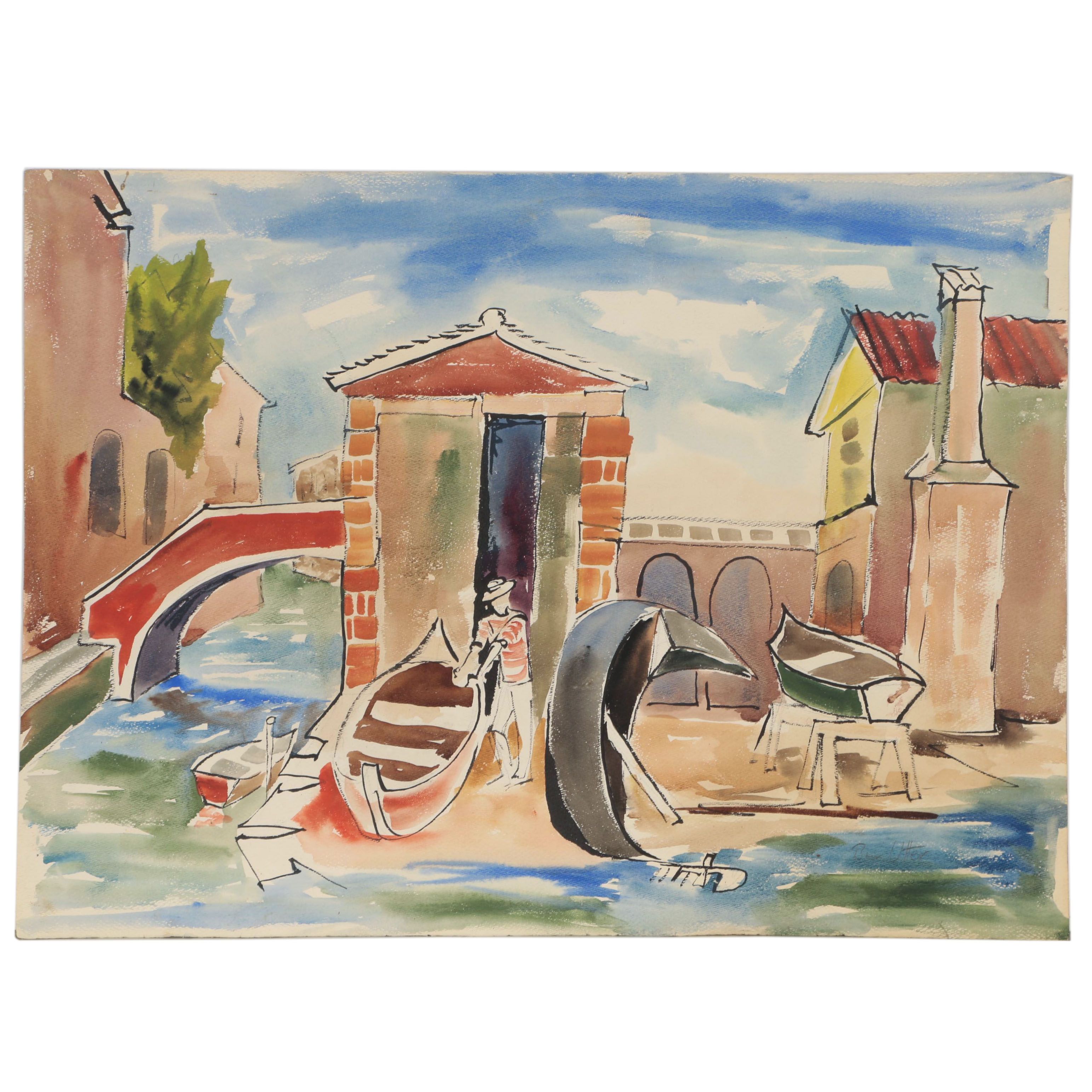 Bror Utter Modernist Canal Scene Watercolor Painting, Mid 20th Century