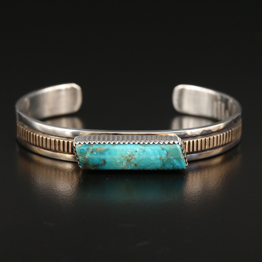 Will Denetdale Navajo Diné Sterling Turquoise Cuff Bracelet with 14K Accents