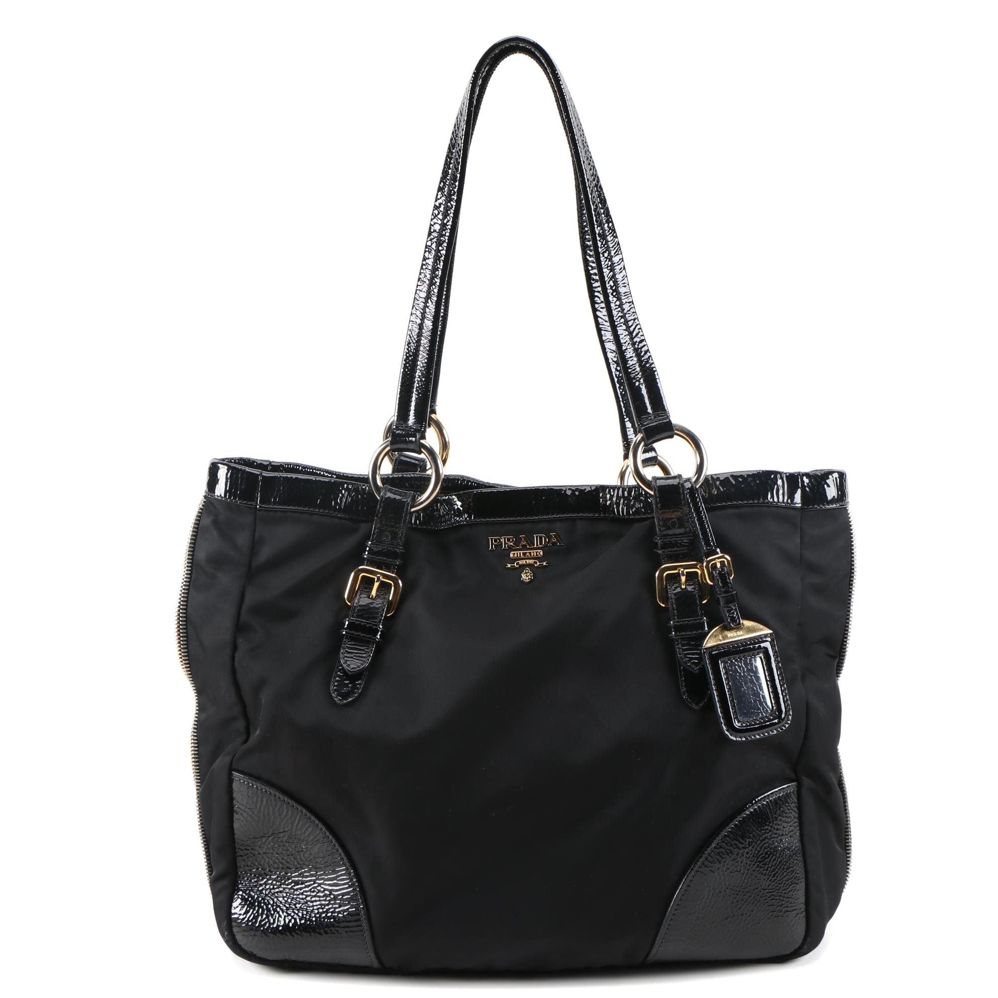 Prada Expandable Zipper Tote in Black Tessuto Nylon and Crinkled Patent Leather