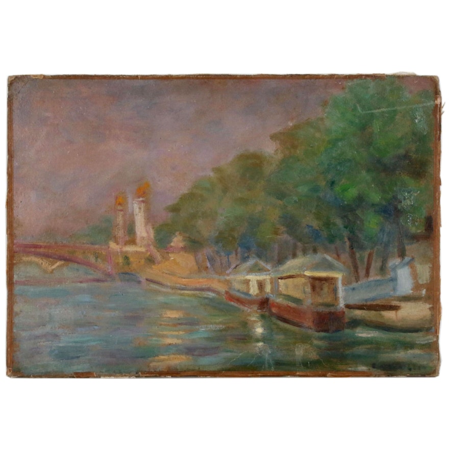 Impressionist Style Oil Painting of Parisian River Scene