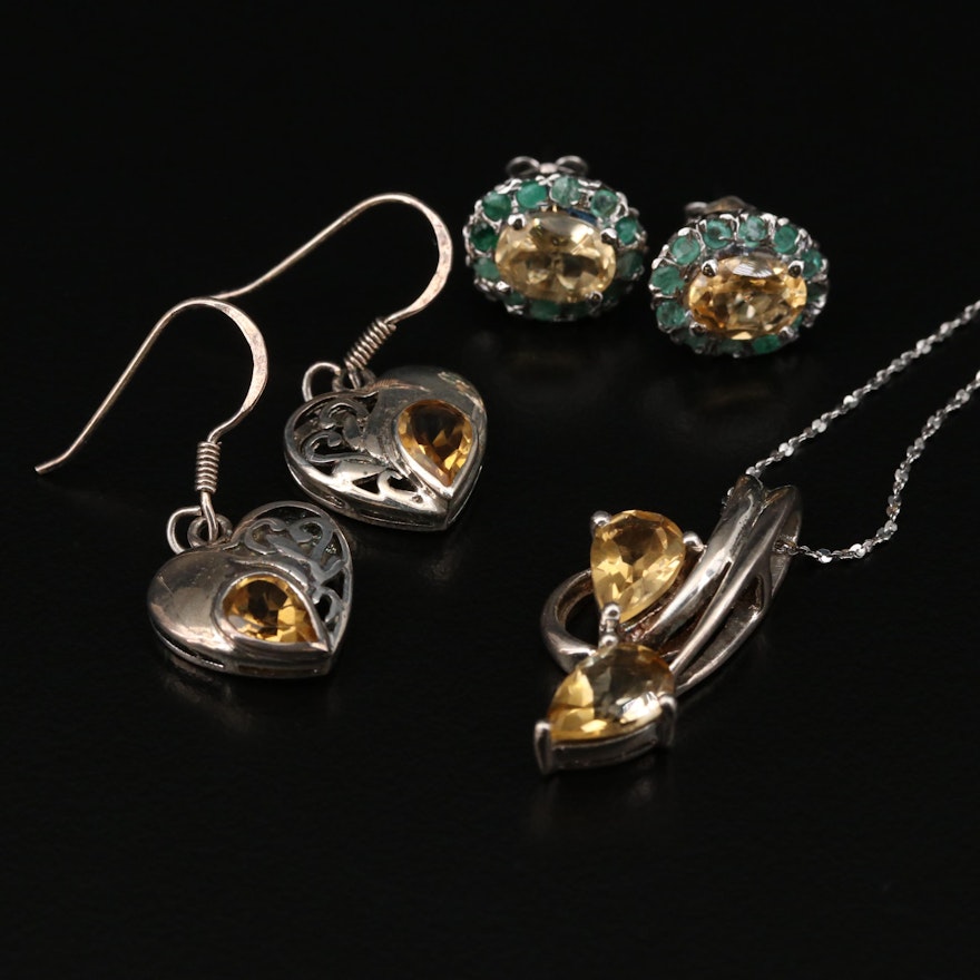 Sterling Silver Necklace and Earrings with Citrine and Emerald