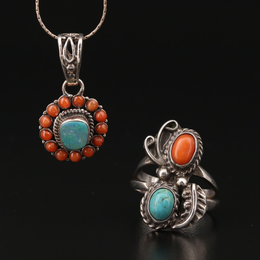 Southwestern Style Sterling Opal Doublet, Turquoise and Coral Ring and Necklace