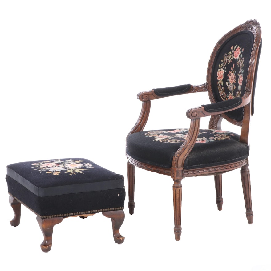 Louis XVI Style Beech Needlepoint Upholstered Arm Chair and Ottoman, 1940s
