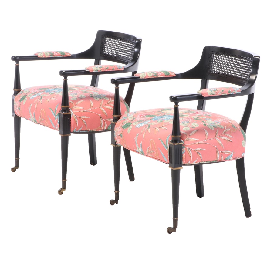 Ebonized Wood Upholstered Arm Chairs, Mid to Late 20th Century