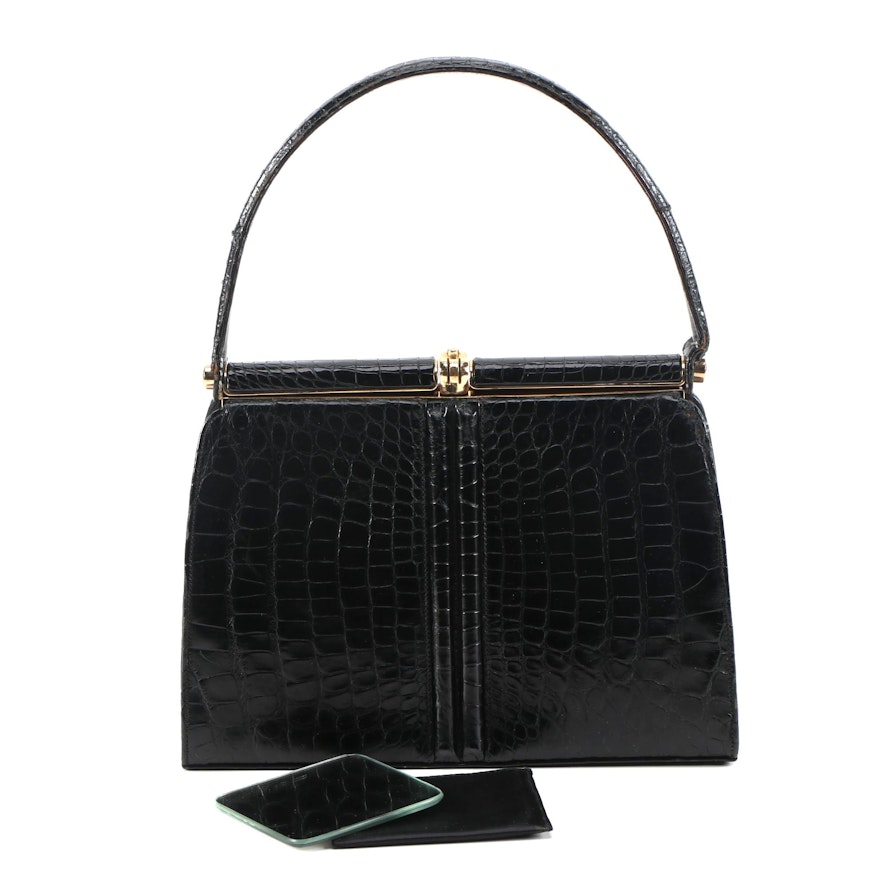 Lucille de Paris Black Alligator Skin Handbag with Pocket Mirror, Vintage