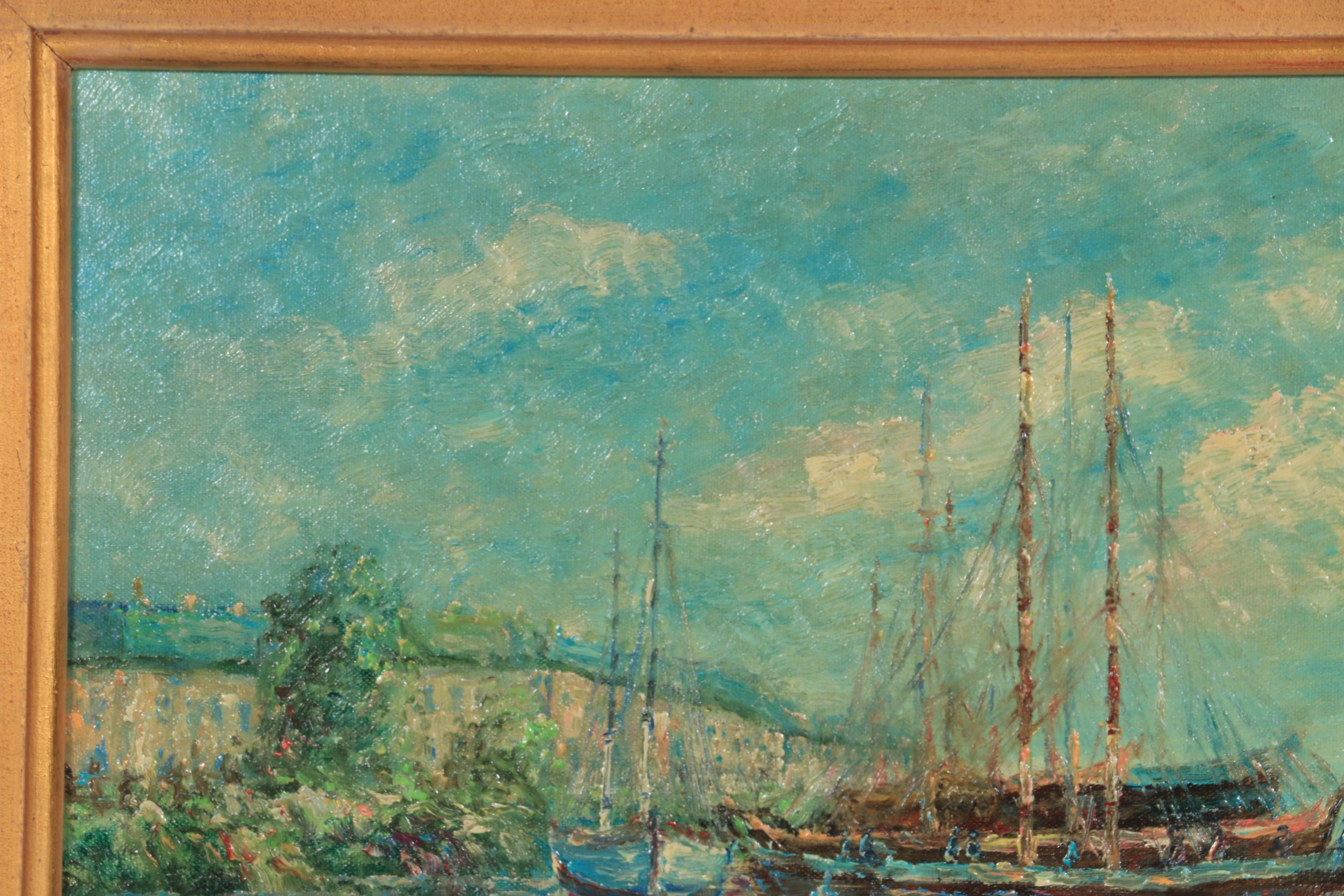 John Clymer Impressionist Style Harbor Scene Oil Painting