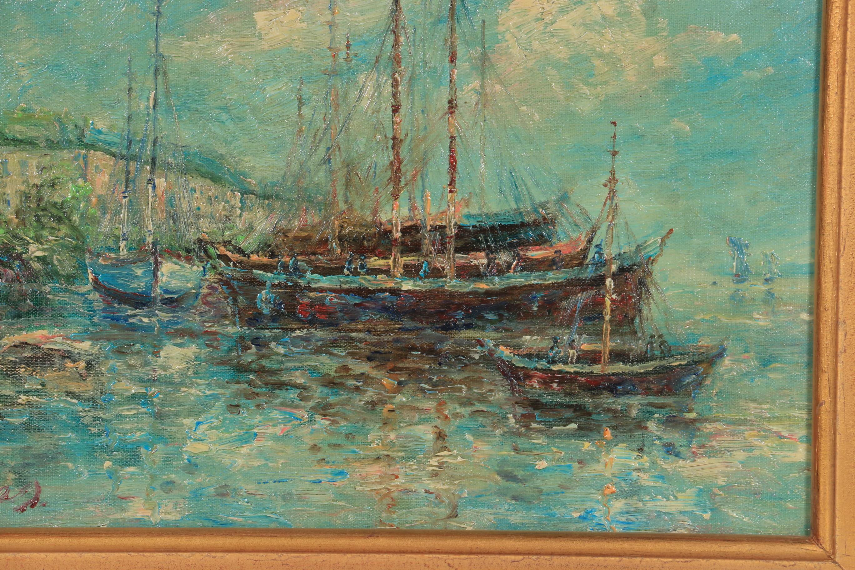 John Clymer Impressionist Style Harbor Scene Oil Painting