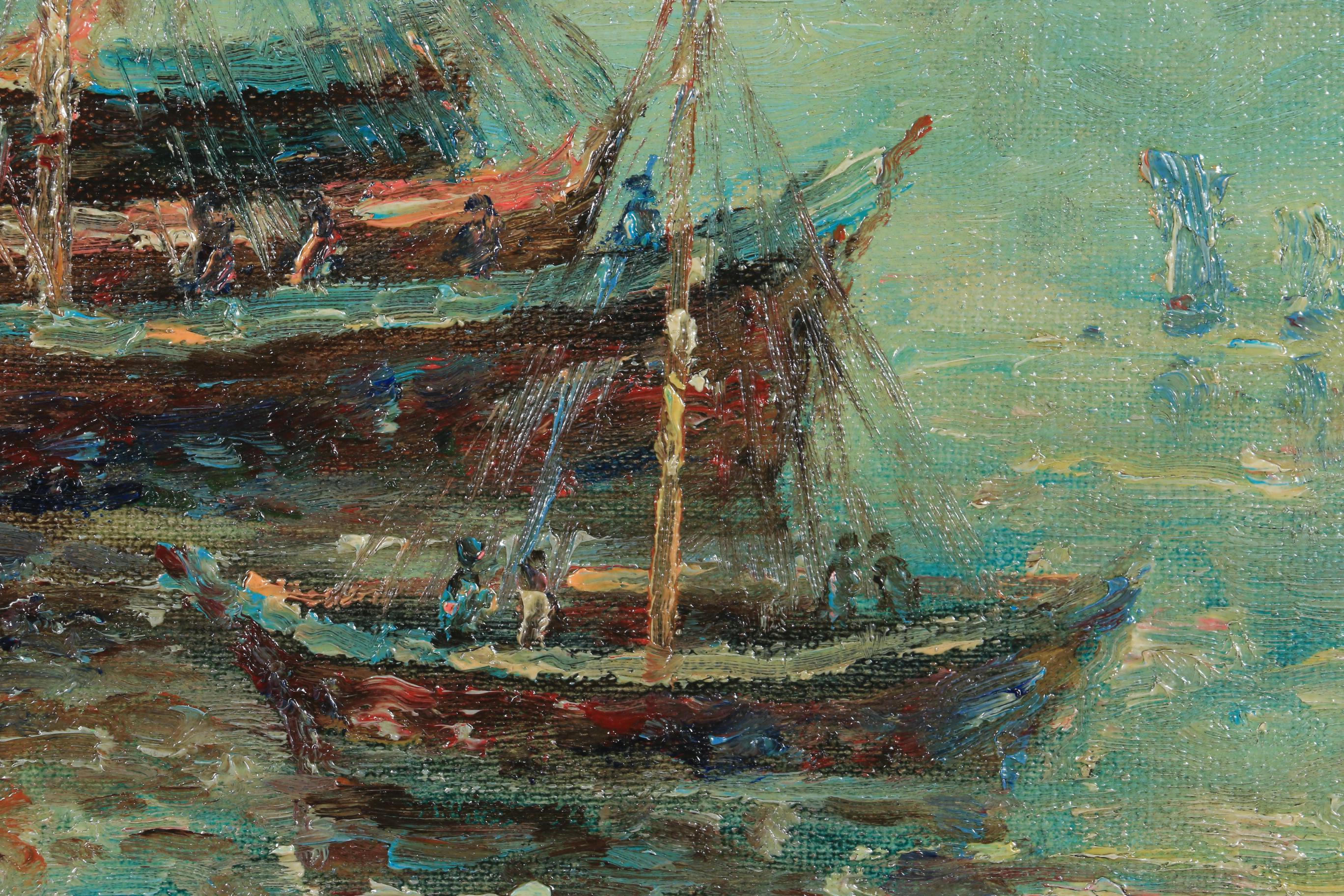 John Clymer Impressionist Style Harbor Scene Oil Painting