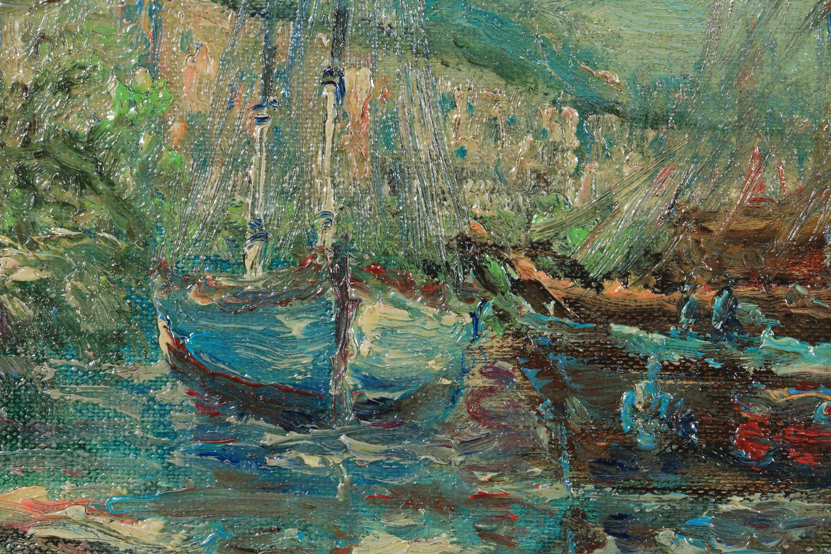 John Clymer Impressionist Style Harbor Scene Oil Painting