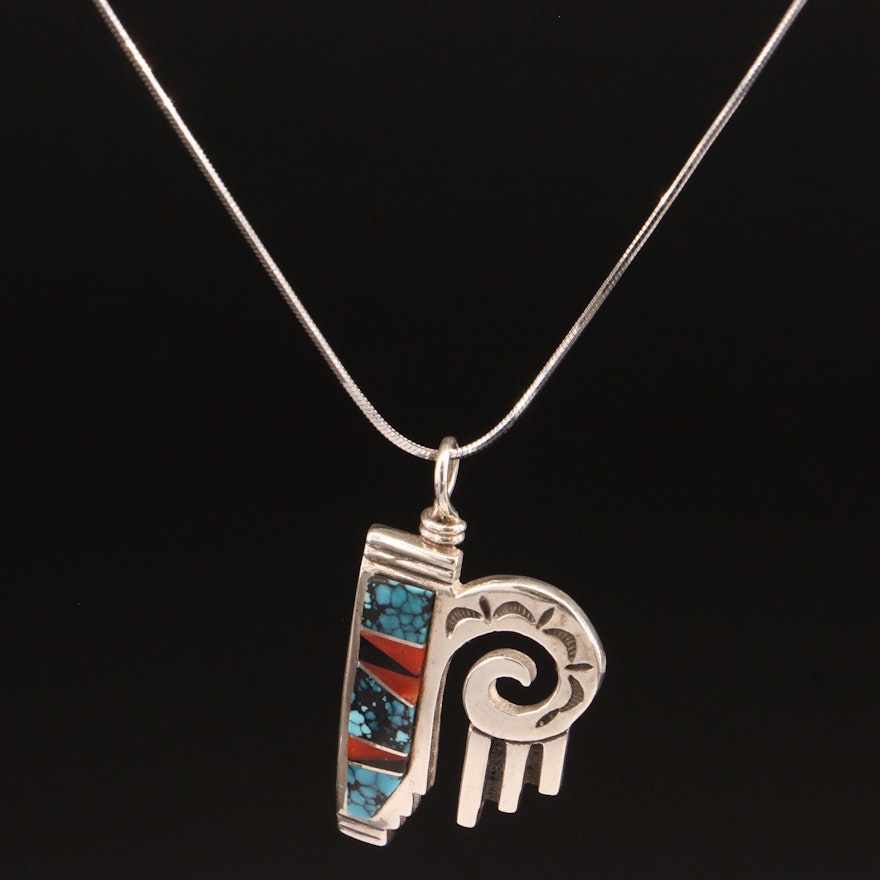 Southwestern Style Sterling Silver Turquoise and Coral Inlay Pendant Necklace