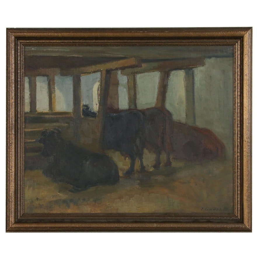 Eiler Løndal Oil Painting of Cows in Stable, Circa 1937