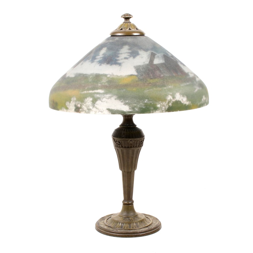 Reverse-Painted Landscape Glass Shade Table Lamp, Vintage