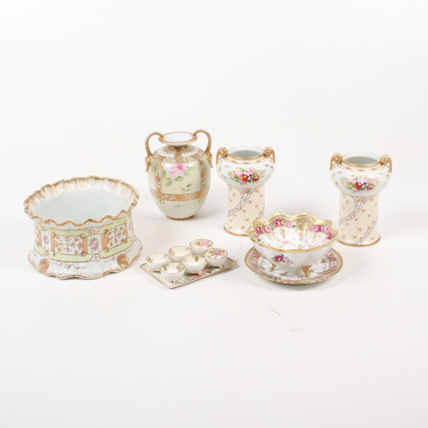 Nippon Hand-Painted Porcelain Vases and Table Accessories