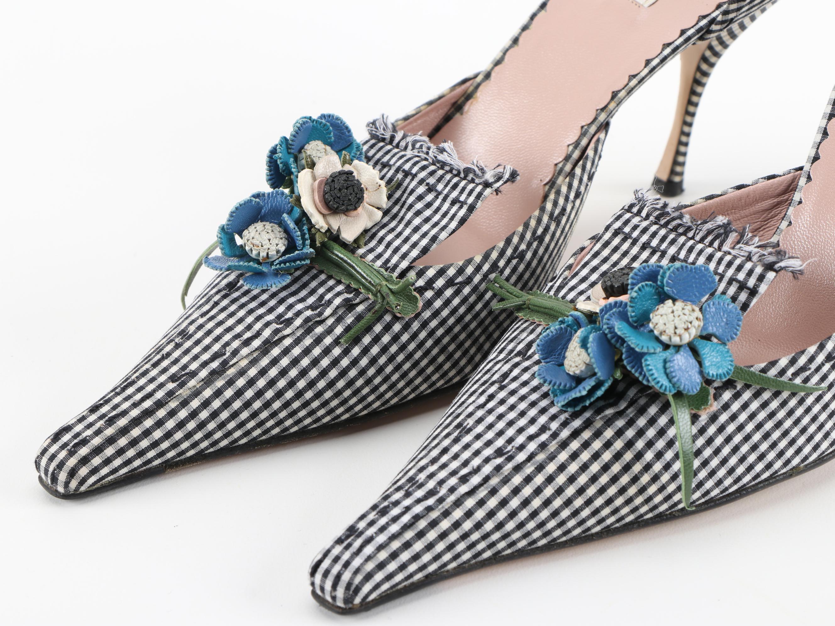 Prada Vichy Flower and Black and White Gingham D'Orsay Pumps