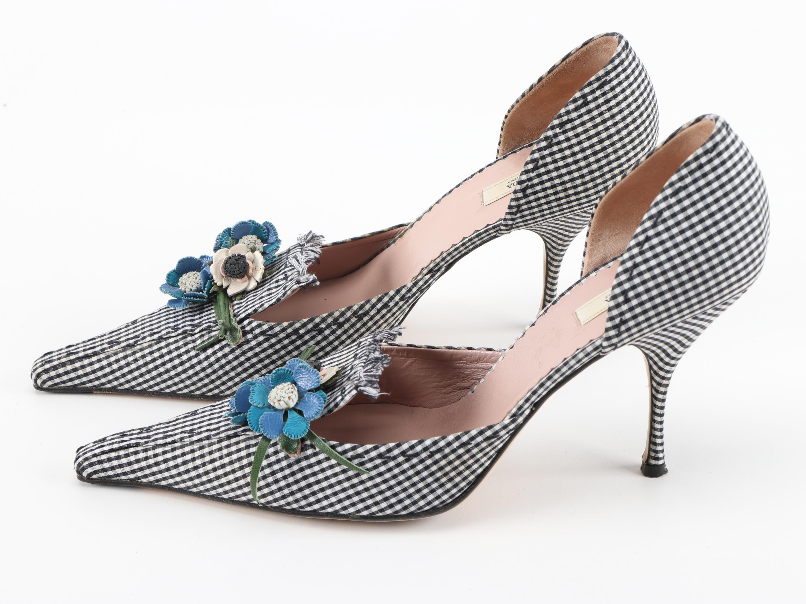 Prada Vichy Flower and Black and White Gingham D'Orsay Pumps