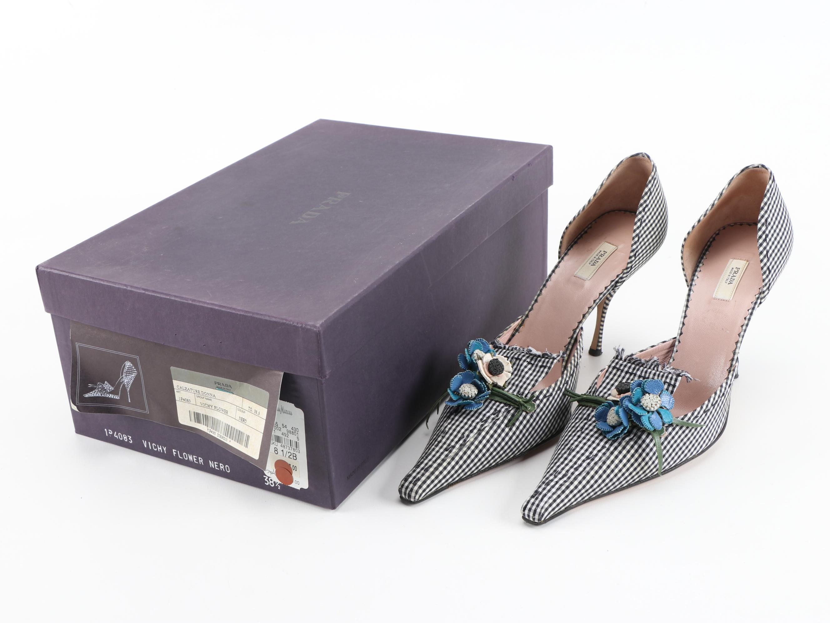 Prada Vichy Flower and Black and White Gingham D'Orsay Pumps