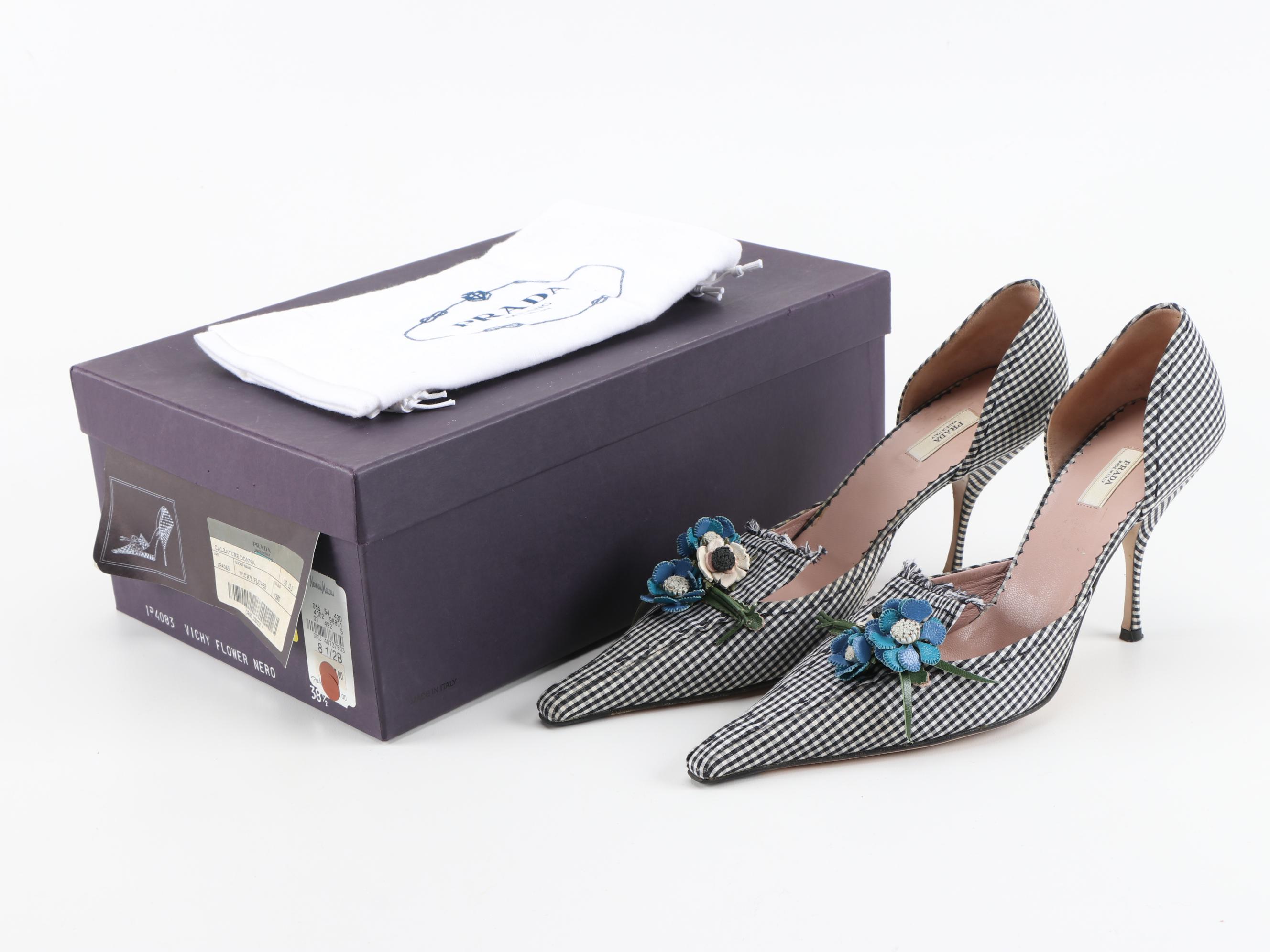 Prada Vichy Flower and Black and White Gingham D'Orsay Pumps