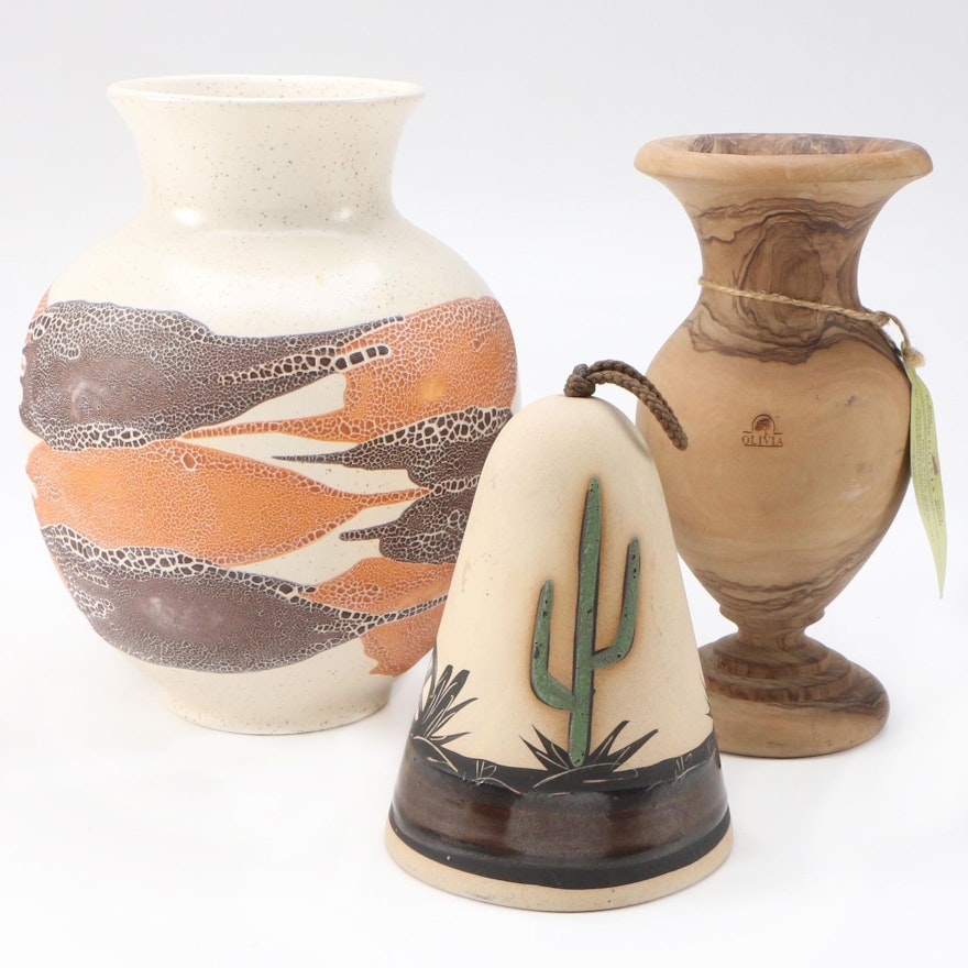 Royal Haeger "Earth Wrap" Vase, Olive Wood Vase and Southwestern Bell