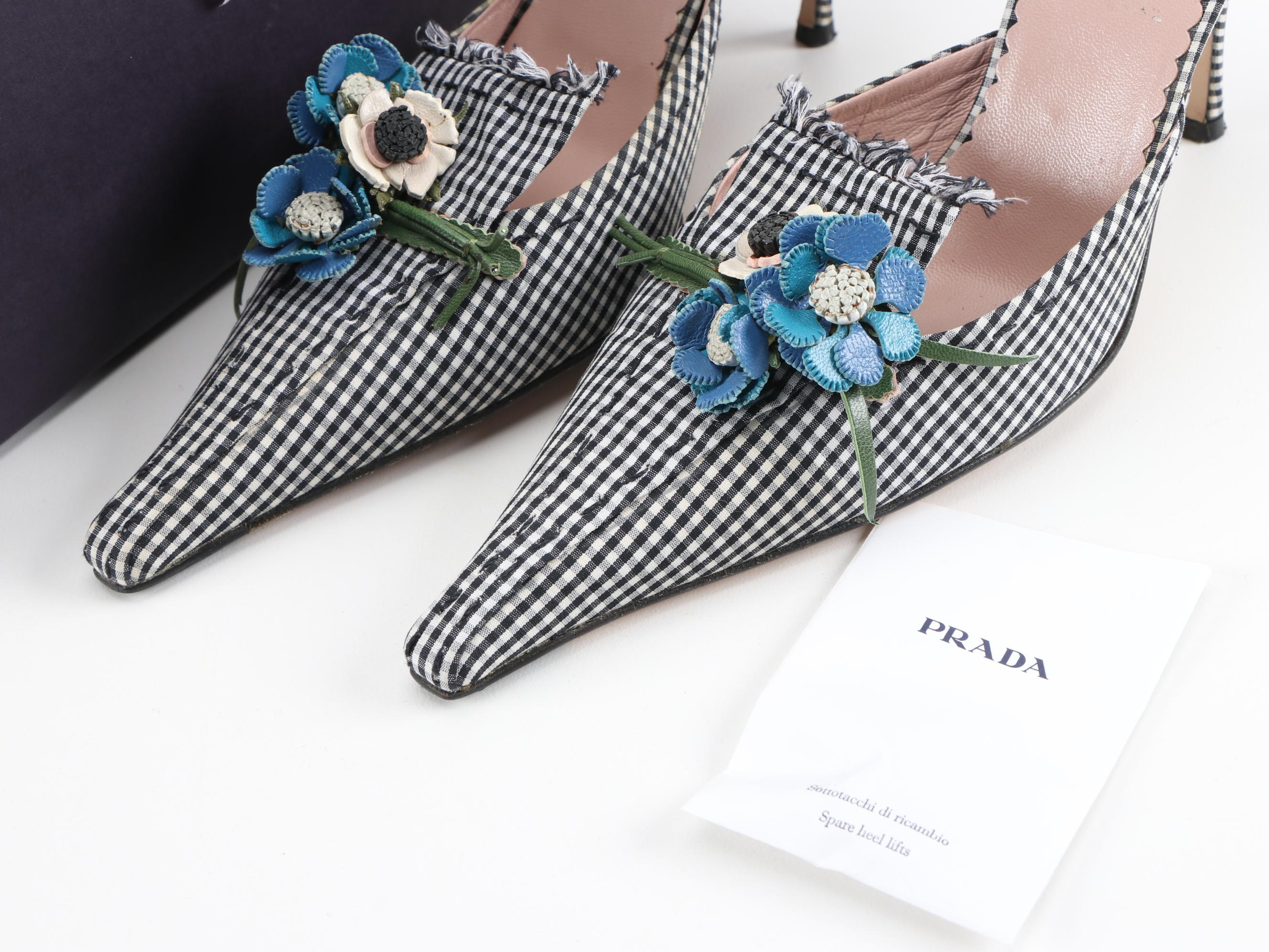 Prada Vichy Flower and Black and White Gingham D'Orsay Pumps
