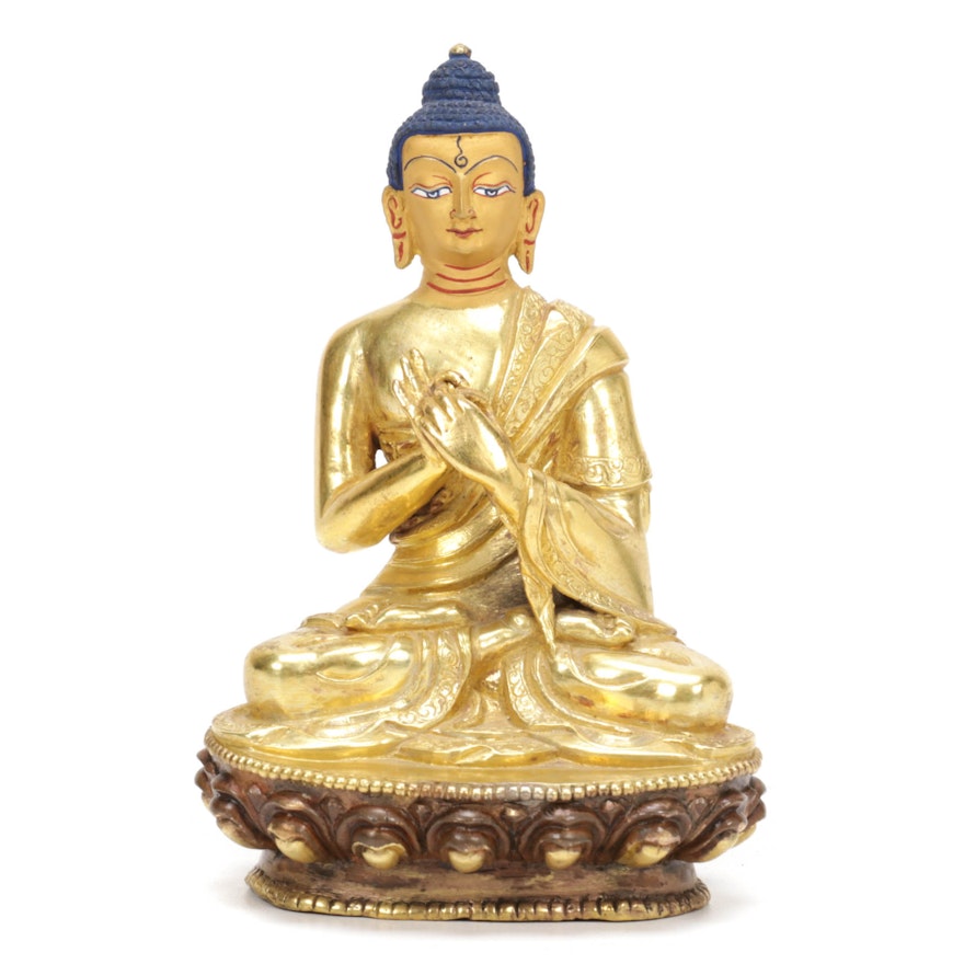 Tibetan Gilt and Patinated Bronze Dharmachakra Buddha, 20th Century