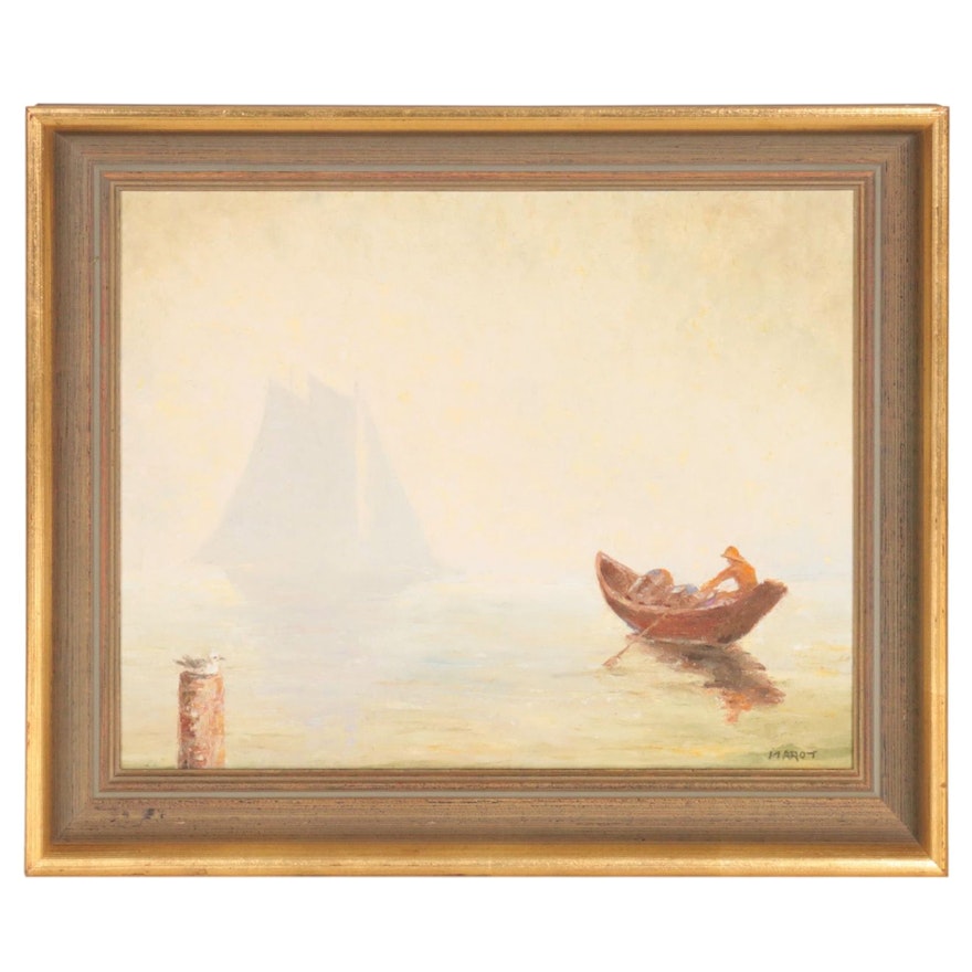 Harbor Scene Oil Painting, Mid-20th Century