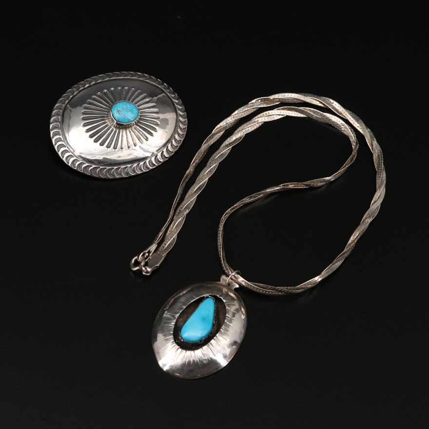 Sterling Turquoise Brooch and Shadow Box Pendant Necklace