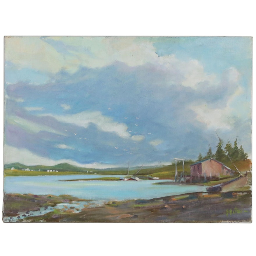 Mitzi Goward Oil Painting "Winter Harbor", Mid 20th Century