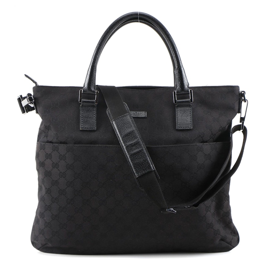 Gucci Black GG Canvas Convertible Tote with Leather Trim