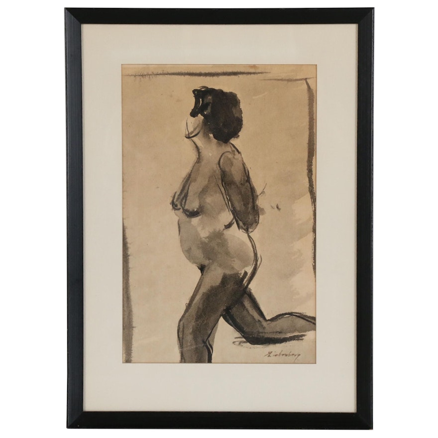 Ink Figure Study of Female Nude, Mid-20th Century