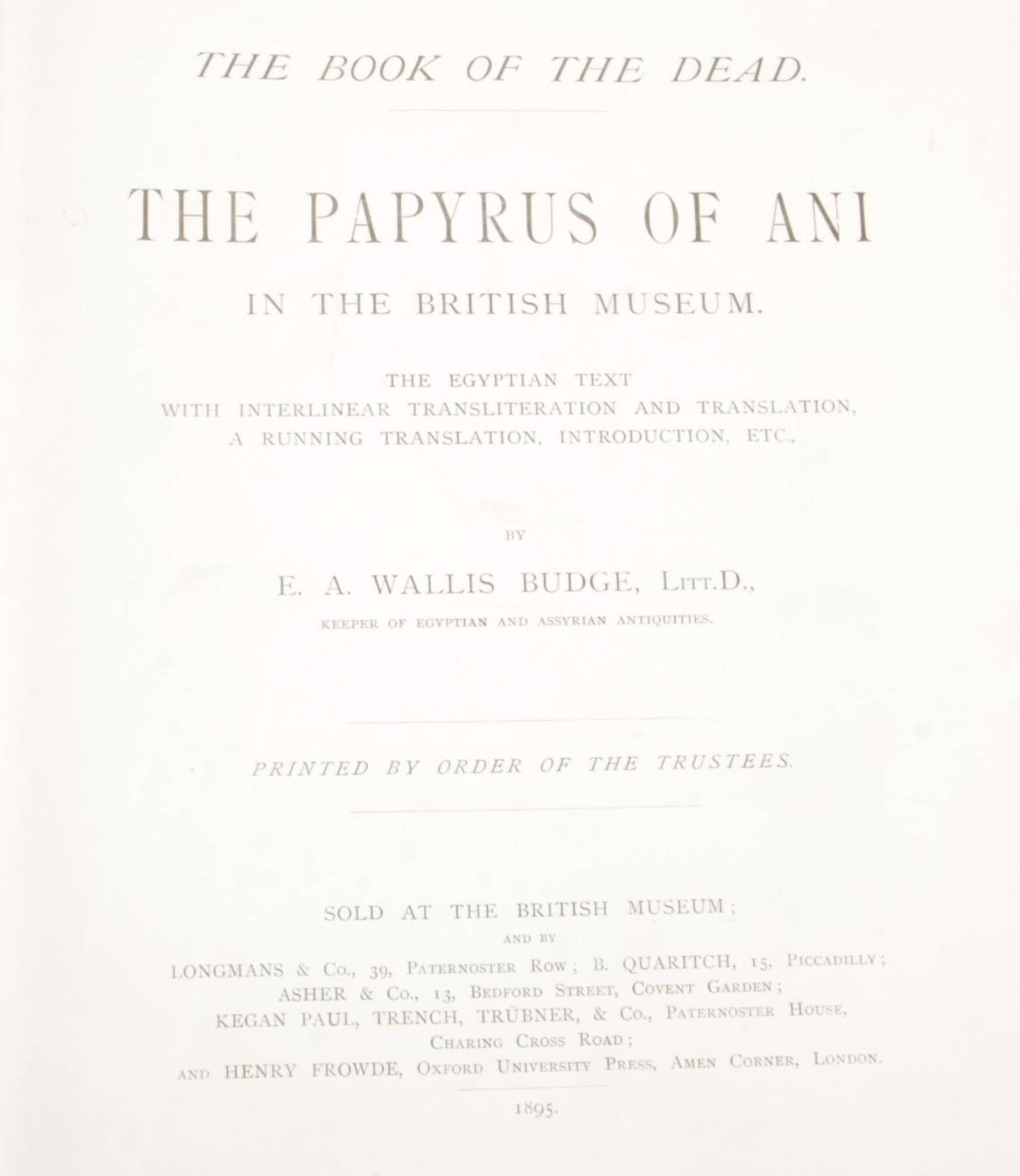 1895 First Edition "The Book of the Dead: The Papyrus of Ani" by E.A. Wallis
