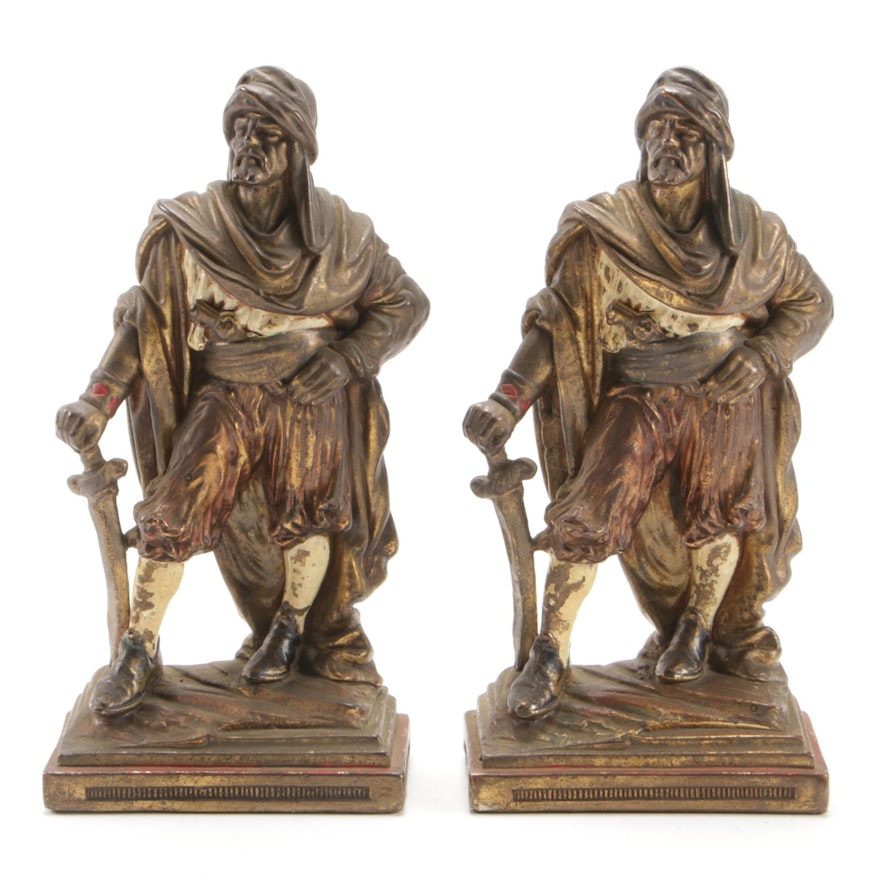 Barbary Pirate Figural Bookends in Gilt and Enamel Painted Metal