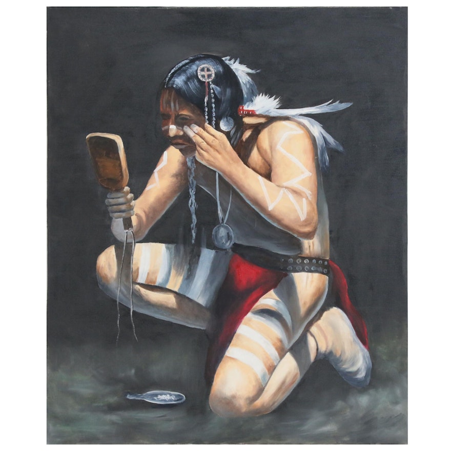 Oil Painting of Native American Brave Painting His Face