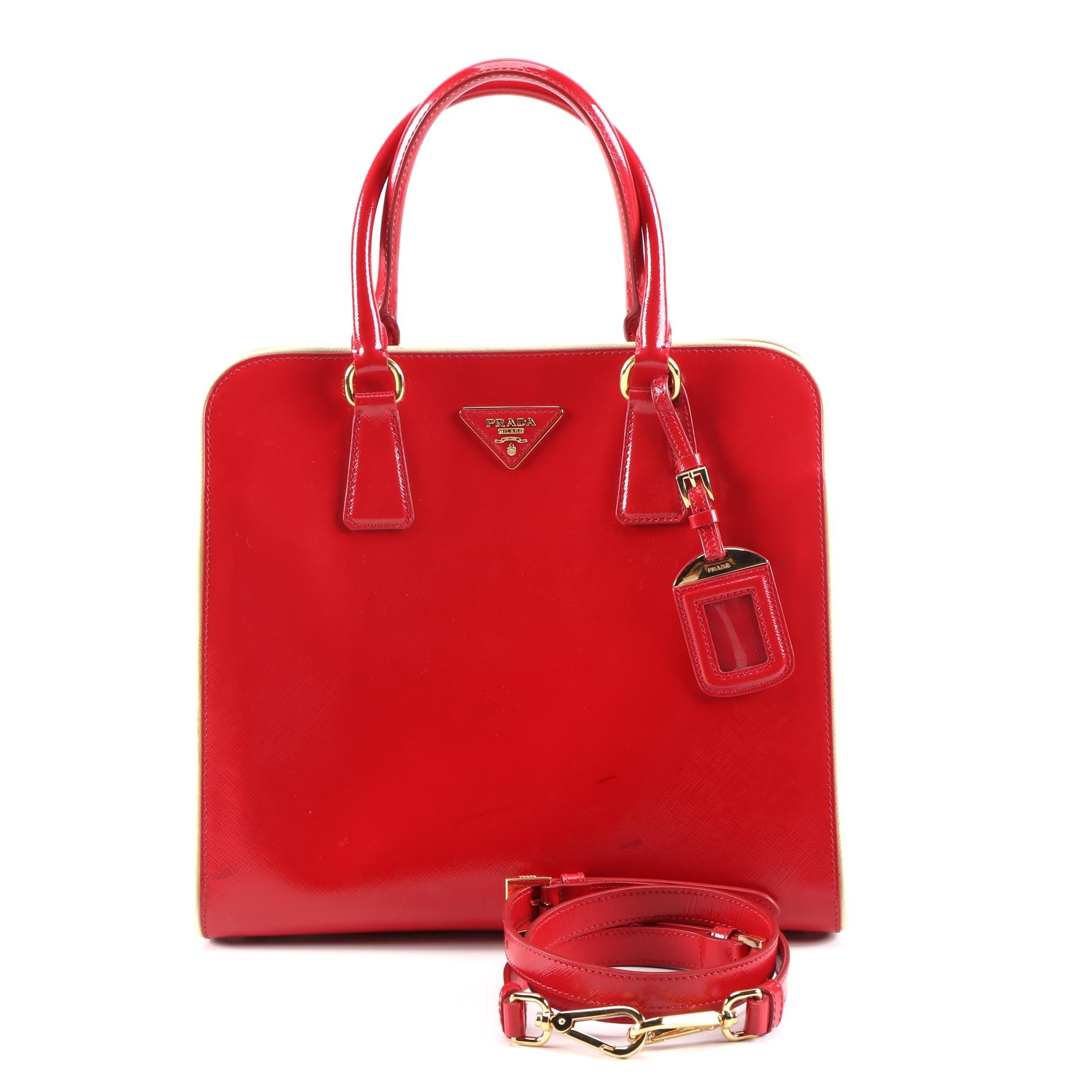 Prada Red Glazed Saffiano Leather Handbag with White Piping Trim